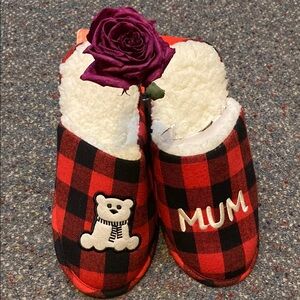 Red and Black Plaid Kids Slippers with Bear and 'MUM' Embroidery